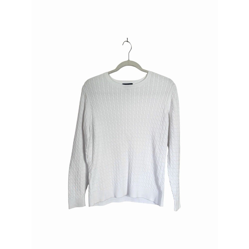 Lands' End Womens Sz M White Cable Knit Crew Neck Long Sleeve Pullover Sweater